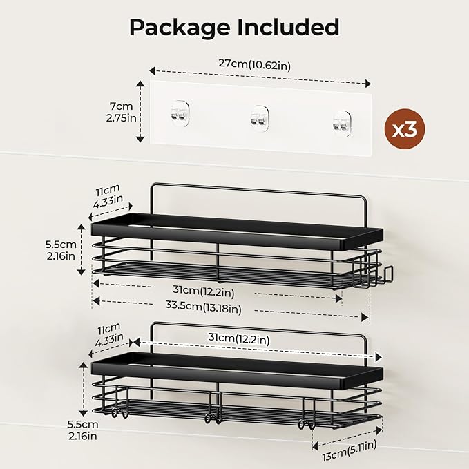 Orimade Shower Caddy with 5 Hooks for Hanging Razor and Sponge Adhesive Shower Shelf Basket Bathroom Storage Organizer Kitchen Rack No Drilling Stainless Steel Rustproof - 2 Pack,Black