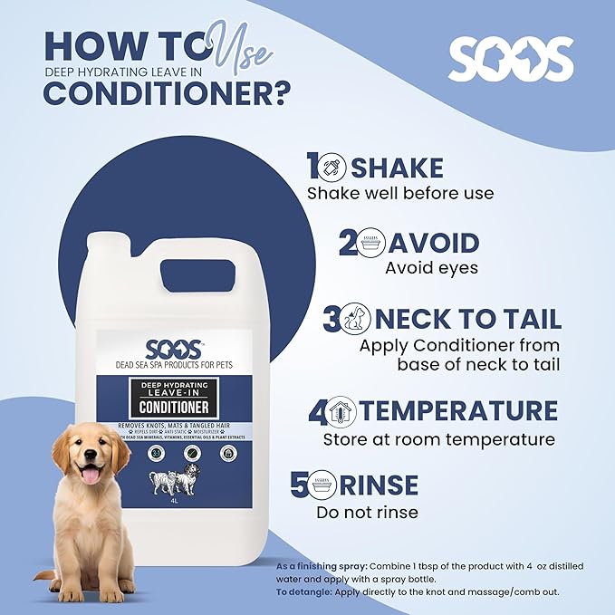 SOOS Pets Deep Hydrating Leave-in Conditioner for Dogs and Cats | Natural Dead Sea Minerals & Vitamins | Skin Moisturizer, Polish Deeply, Enhance Coat Shine & Softness - 4L