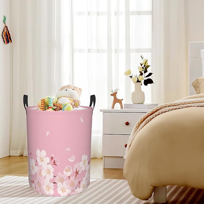Japanese Cherry Blossom,Pink Flowers Laundry Basket,Waterproof Foldable Laundry Hamper,Dirty Clothes Laundry Basket, Linen Bin Storage Organizer for Toy Collection 16" x 20"