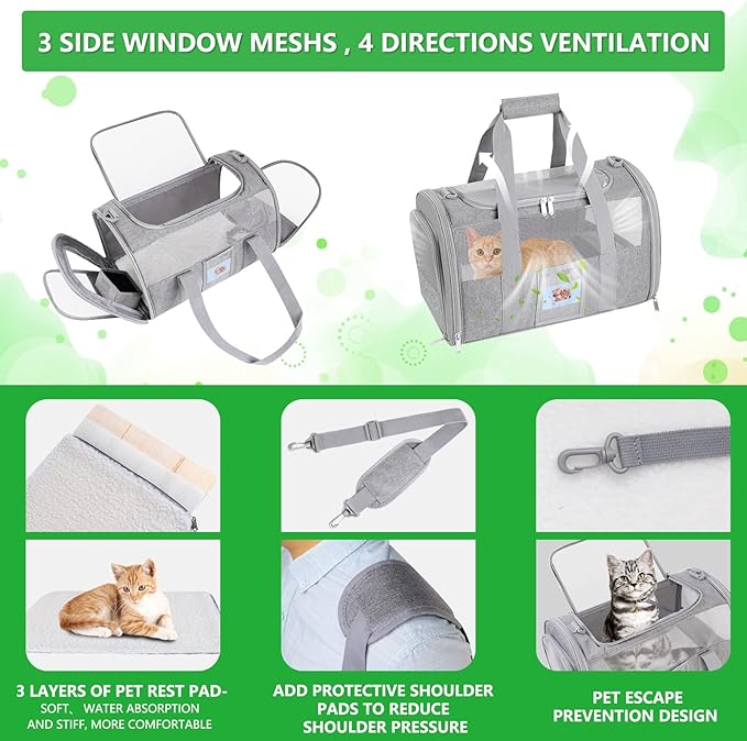 20" Large Soft Sided Cat Carrier Pet Carrier for Cats Dogs Under 25 lbs, Folding Dog Carrier Cat Carrier for 2 Cats Travel Carrier Bag, Grey