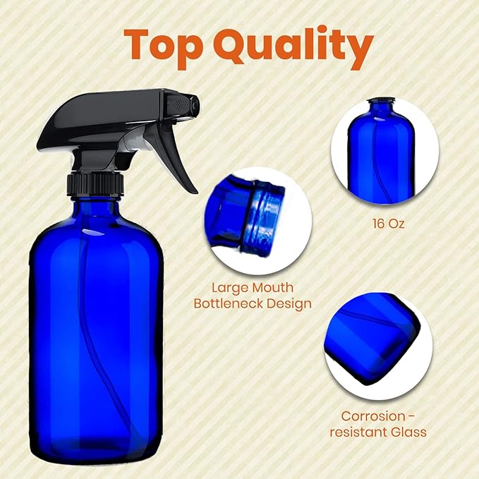 Blue Glass Spray Bottles For Cleaning Solutions (4 Pack) - 16 Ounce, Refillable Sprayer for Essential Oil, Water, Kitchen, Hair. Durable Black Trigger Sprayer w/Mist and Stream Settings (Blue)