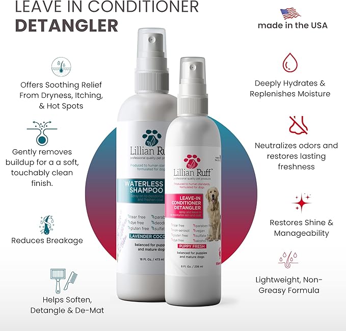 Lillian Ruff Waterless No-Rinse Dog Dry Shampoo Spray & Leave-in Dog Conditioner & Detangler - pH-Balanced for Dogs After-Bath No Rinse Hydrating Spray Set- Clean, Condition, Detangle & Deodorize