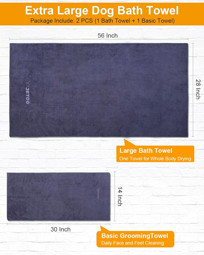 2-PCS Fast Drying Dog Towels - 56 x 28 Inch Ultra Soft & Absorbent Large Dog Towel with 30 x 14 Inch Daily Use Paw Towel - 100% Microfiber Pet Bath Grooming Towels for Dogs Cats, Gray