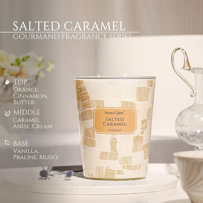 HomeLights Large jar Candle | 3-Wick Long-Lasting Scented Candles, 34oz Natural Soy Wax Candle for Home Scented, Rustic Modern Gifts for Women & Men, Salted Caramel