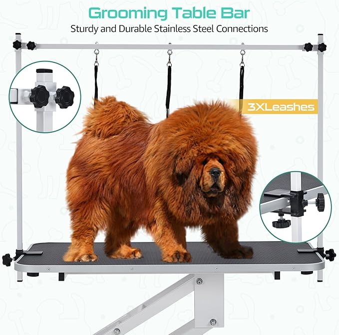 43.6" Pet Grooming Table for Large Dogs, Heavy Duty Height Adjustable Dog Grooming Table With Overhead Arm & Noose Height Range 22''-39'', Maximum Capacity Up to 350 Lbs, White