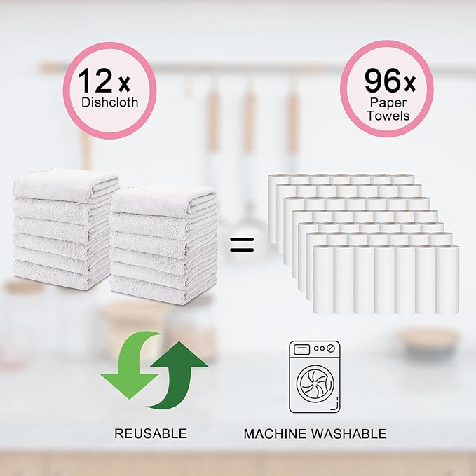 kimteny Kitchen Cloth Dish Towels, 13x28 Inches Premium Dishcloths, Super Absorbent Coral Velvet Microfiber Cleaning Cloths, Fast Drying Rags for Washing Dishes (13x28-12 Pack, White)