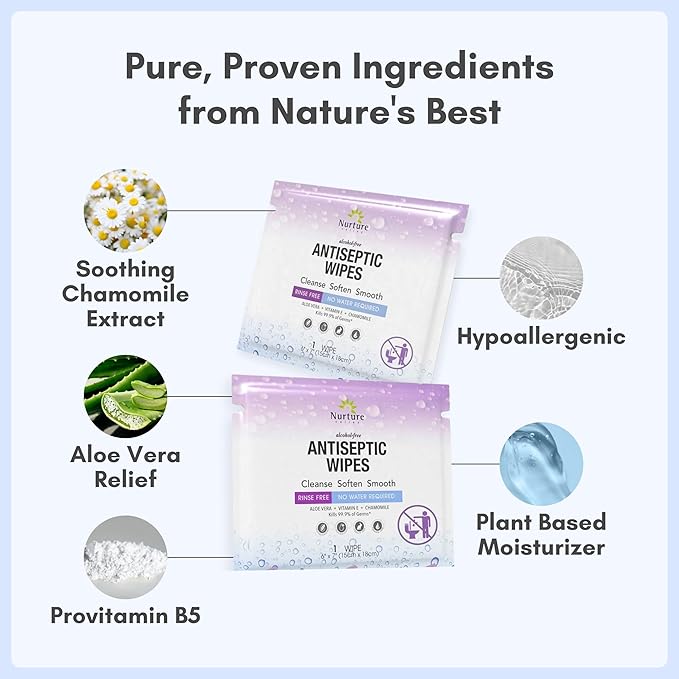 XL Individually Wrapped Nurture Antibacterial Body & Hand Wipes | Alcohol-Free Antiseptic Wet Disinfecting Towelettes for Germ Removal, Sanitizing Hands |Cleaning Cloths| Adults & Baby| Thick & Strong