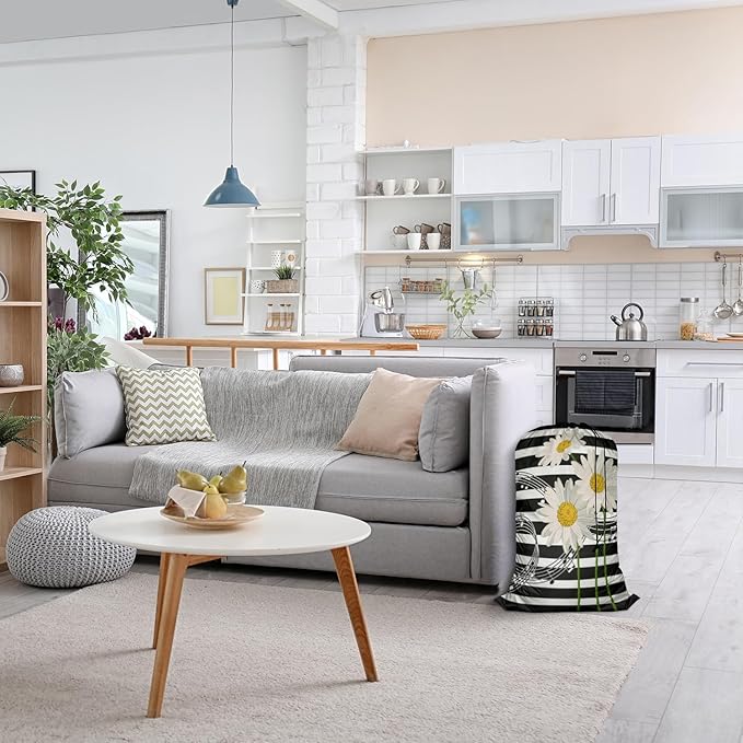 Swono Music Notes Storage Heavy Duty Basket Laundry Bag with Drawstring Daisies On Striped Bouquet Folding Organizer for Travel Washing Machine