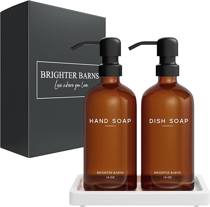 Amber Glass Hand and Dish Soap Dispenser Set by Brighter Barns - Kitchen Soap Dispenser Set with Tray for Kitchen, Airbnb, Vacation Rental or Restaurant - Modern Kitchen Decor & Accessories (Amber)
