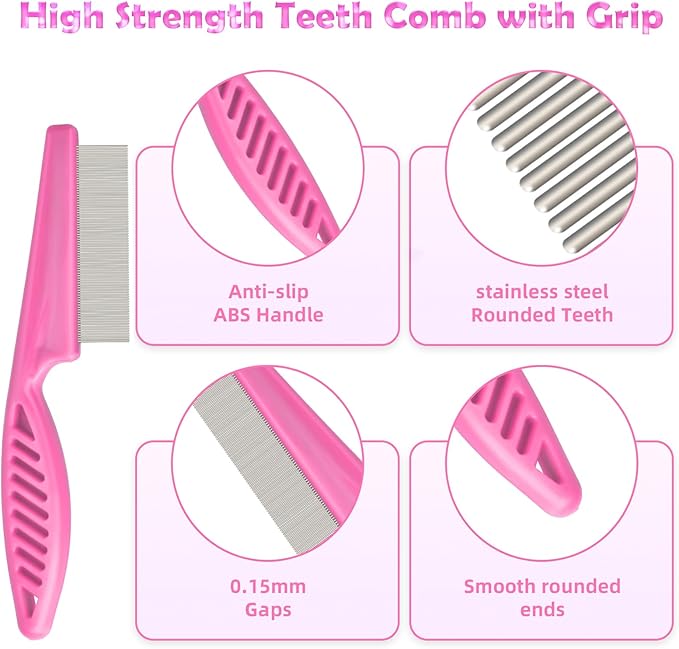 Flea Comb Set for Cats & Dogs - 6 Pack Pet Grooming for Small, Medium & Large Pets (Pink)