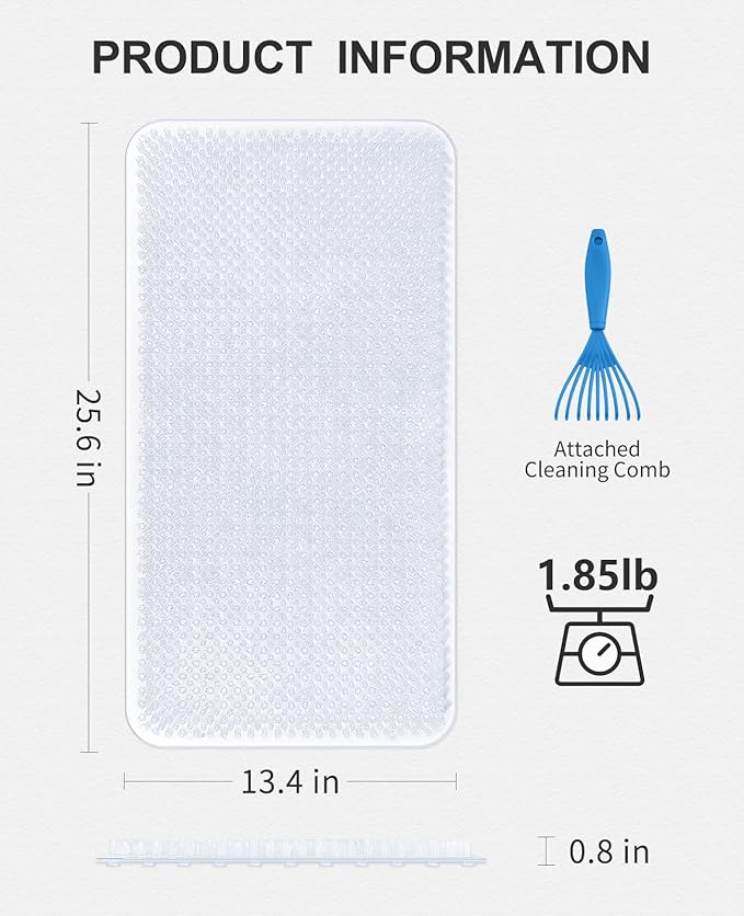 OTHWAY Non Slip Grassy Bathtub Mat : 25.6X13.4 inches Sturdy But Soft Bath Mat_Quick Drain Shower Floor Mat with Soft Bristles for Scrubbing Feet (Clear)