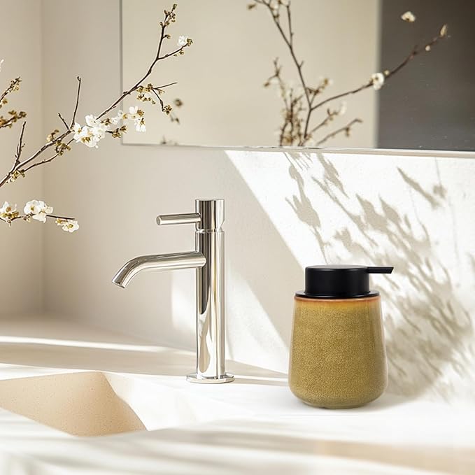 INGOFIN Ceramic Lotion Dispenser - 12 oz Refillable Hand Soap Dispenser Bathroom, Modern Liquid Soap Dispenser with Pump, Dish Dispenser for Kitchen,Kiln-Glazed Earthy Yellow