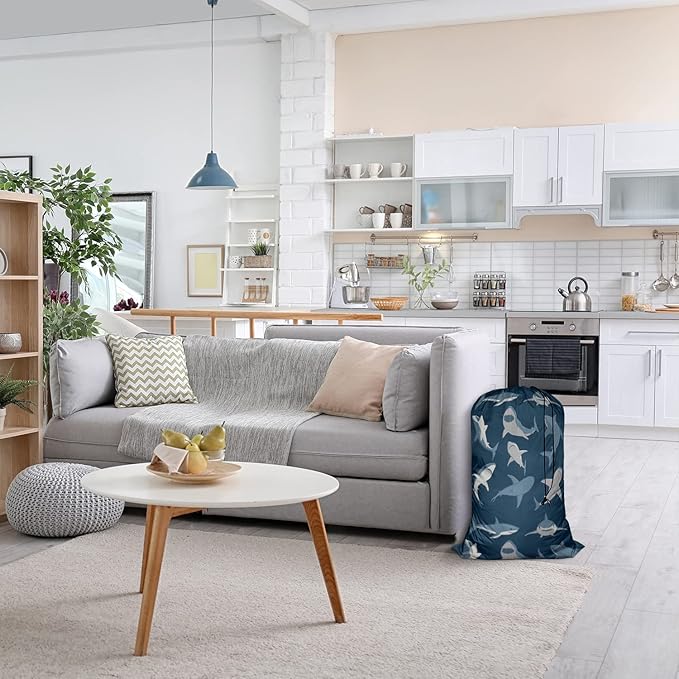 Swono Shark Heavy Duty Laundry Drawstring Bag with Strap, Wild Fish Set Sea Life Underwater 28 x 40 Inches Travel Dirty Clothes Bag for Laundromat and Household, Blue