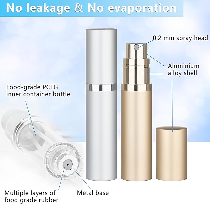 Refillable Perfume Atomizer Travel Bottle 2-Pack 5ml Leakproof Luxury Travel Perfume Refillable Bottle, Portable Fragrance Atomiser (Silver & Gold)