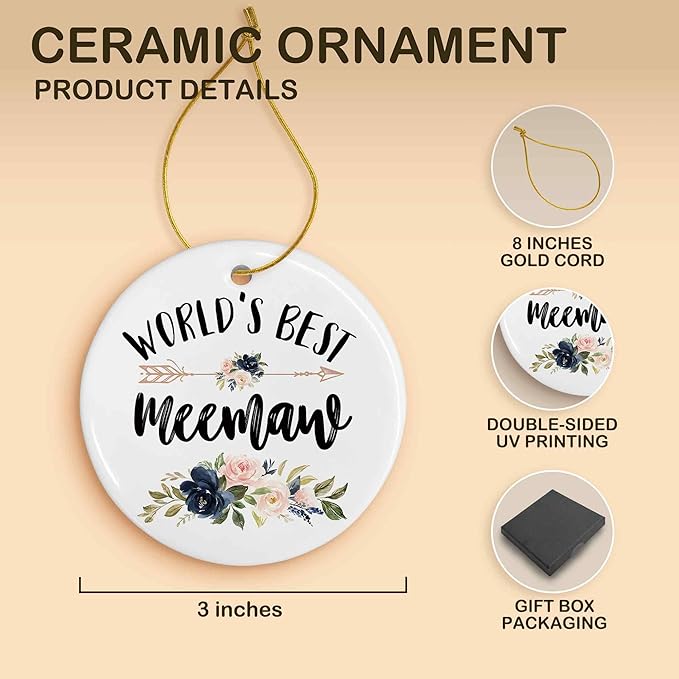 World's Best Meemaw Ceramic Ornaments Gifts, Grandma Grandmother Round Hanging Ornament Decor Decorations for Christmas Tree Car, Thank You Appreciation Gifts for Meemaw Birthday Holiday