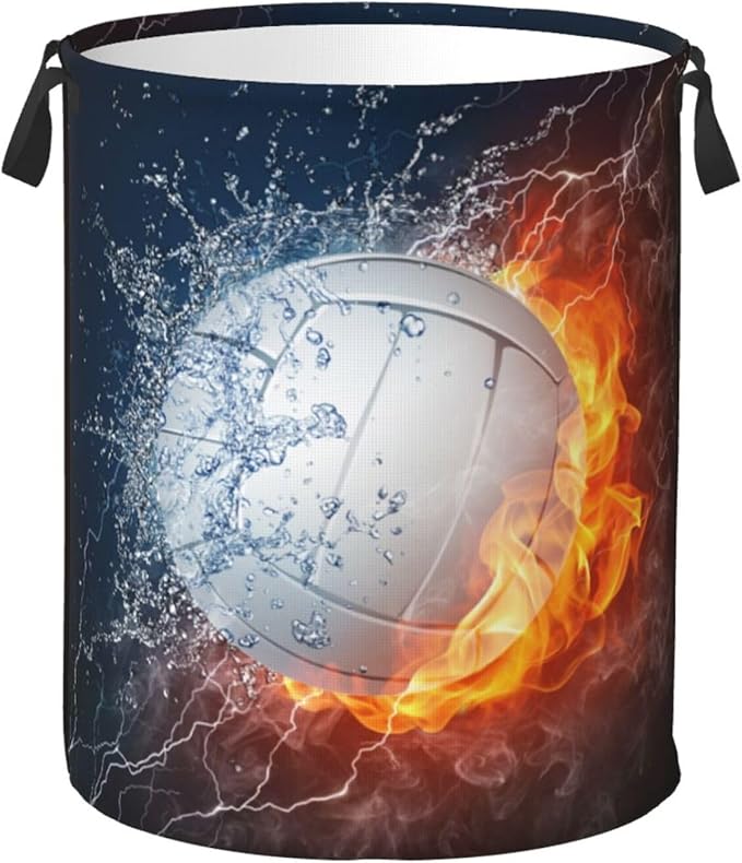 Volleyball Laundry Hamper Bag With Waterproof Liner - Sport Themed Round Laundry Basket Foldable Clothes Storage Organizer For Bathroom Bedroom Nursery Dorm, S-16.5"X 13.8"