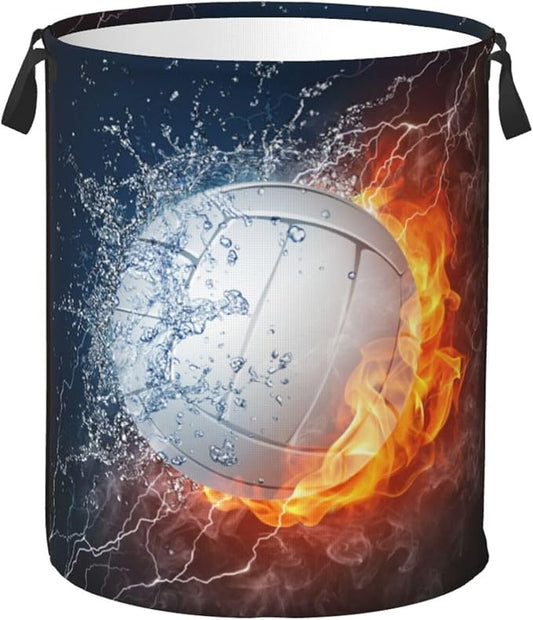Volleyball Laundry Hamper Bag With Waterproof Liner - Sport Themed Round Laundry Basket Foldable Clothes Storage Organizer For Bathroom Bedroom Nursery Dorm, S-16.5"X 13.8"