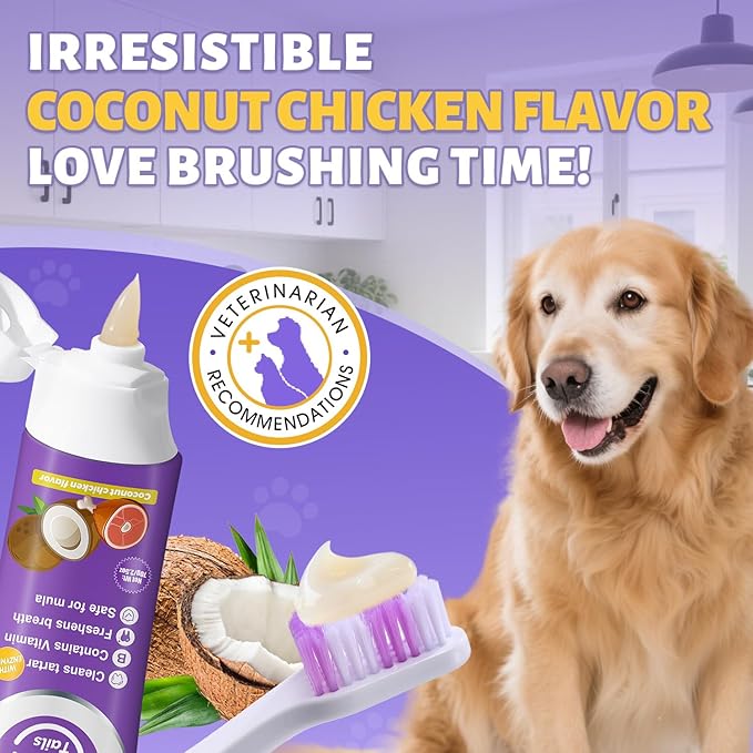 Premium Dog Oral Care Kit - Natural Coconut Chicken Flavored Toothpaste,Dual Head Toothbrush and Finger Toothbrush for Dogs,Plaque Prevention,Tartar Control.2.46oz(Pack of 1)