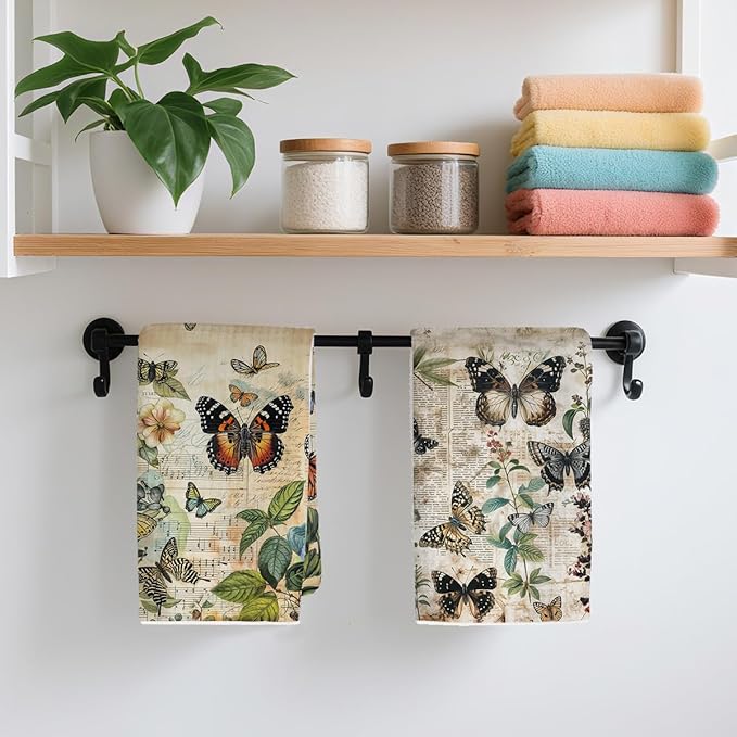 2 Pcs Vintage Butterfly Kitchen Towels, Rustic Botanical Decorative Absorbent Microfiber Dish Cloth Tea Towel, Artistic Waffle Soft Hand Towels for Farmhouse Home Bathroom, Butterfly Gifts 2
