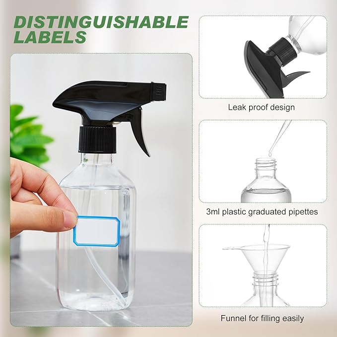 9 Pack 16oz/500ml Plastic Spray Bottle Bulk for Plant Small Spray Bottle Fine Mist Water Sprayer Upgraded Adjustable Nozzle Refillable Empty Containers for Cleaning, Hair, Cooking(Clear)