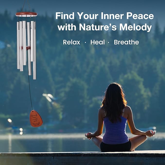 Inspirational Wind Chimes for Outside – Deep Tone Chimes with Wooden Sail | Outdoor Hanging Decor for Patio & Garden | Unique Designs, Healing Gift of Peace & Comfort (Silver, 32 Inch)