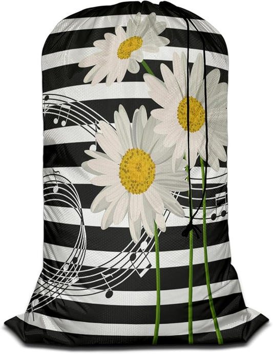 Swono Music Notes Storage Heavy Duty Basket Laundry Bag with Drawstring Daisies On Striped Bouquet Folding Organizer for Travel Washing Machine