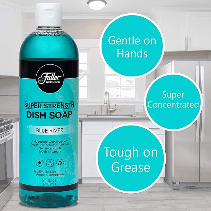 Fuller Brush Super Strength Dish Soap ? Economical ? Use Much Less ? For Dishes, Glasses, Silverware, Utensils, Pots, Pans, Countertops, Tables ? Invigorating Fragrance (Blue River)