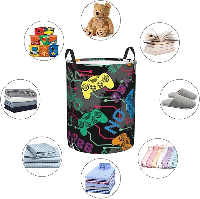 Colorful Game Joysticks Laundry Hamper Bag, Video Game Controller Background Round Laundry Basket Foldable Clothes Storage Organizer For Bathroom Bedroom Nursery Dorm, S-16.5"X 13.8"