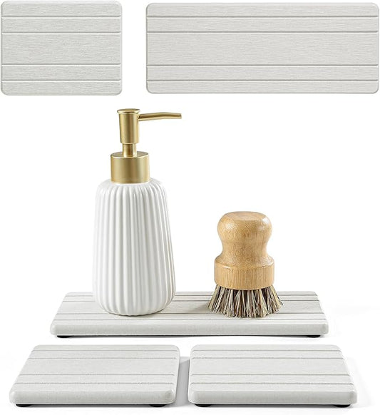 3 Pack Diatomite Stone Sink Tray, Water Absorbing Mat for Kitchen & Bathroom Counter, Quick Dry Soap Dish Makeup Vanity Caddy,Sponge Holder Organizer, Beige - 2pcs of 4.5"x 3.5" and 1pc of 9"x 3.5"