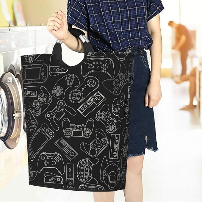 Video Game Controller Background Large Laundry Hamper Bag With Waterproof Liner - Gaming Gadgets Laundry Basket Foldable Clothes Storage Organizer For Bathroom Bedroom Nursery Dorm