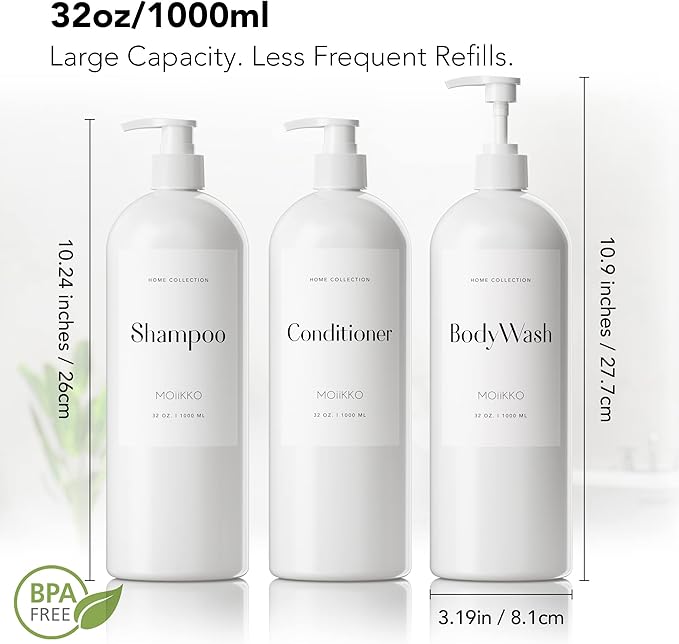 32oz Refillable Shampoo and Conditioner Dispenser Bottles - Set of 3 Empty Shampoo Conditioner Body Wash Dispenser with 8 Waterproof Labels