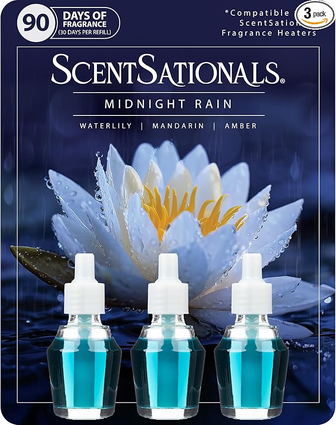 Scentsationals Fragrance Oil Plug In Air Freshener Refills 3-Pack - Midnight Rain - Works with Scentsationals Wall Plugs, Long-Lasting Home Fragrance, 0.8 fl oz Each, Packaging May Vary