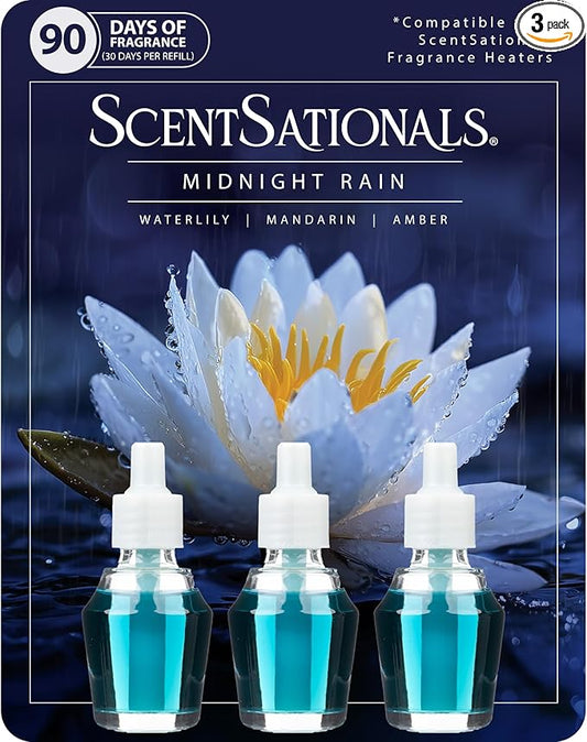Scentsationals Fragrance Oil Plug In Air Freshener Refills 3-Pack - Midnight Rain - Works with Scentsationals Wall Plugs, Long-Lasting Home Fragrance, 0.8 fl oz Each, Packaging May Vary