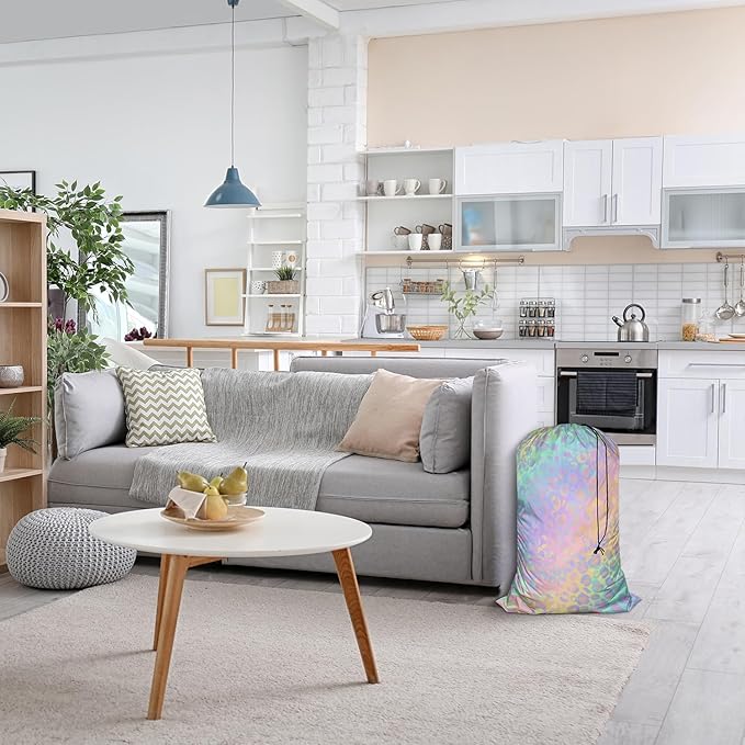 Swono Leopard Print Drawstring Portable Large Capacity Laundry Bags Animal Fur Spots Pattern Mammal Wildlife Storage Baskets for Bedroom, Bathroom, Dorm, Dining Room