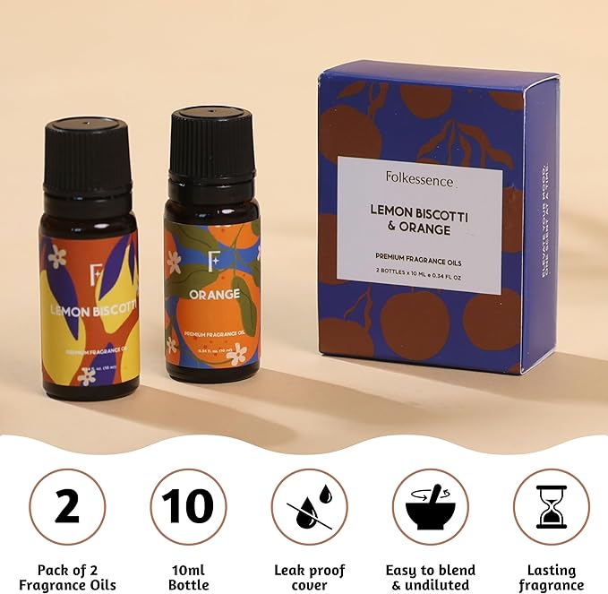 Folkulture Essential Oil for Diffuser Oil | Essential Oils Set of 2 Fragrances | Diffuser Scents for Home | Diffuser Essentials, Fragrance | Lemon Biscotti & Orange