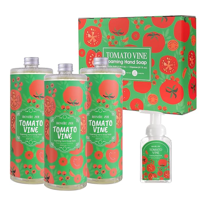 ROMIIE ZOI Foaming Hand Soap Refill Gift Set – Tomato Vine Scent – 3 Pack (33.8 Fl Oz Each) with Refillable Dispenser, Chemical-Free & Moisturizing Formula – Bulk Refills Setfor Bathroom & Kitchen