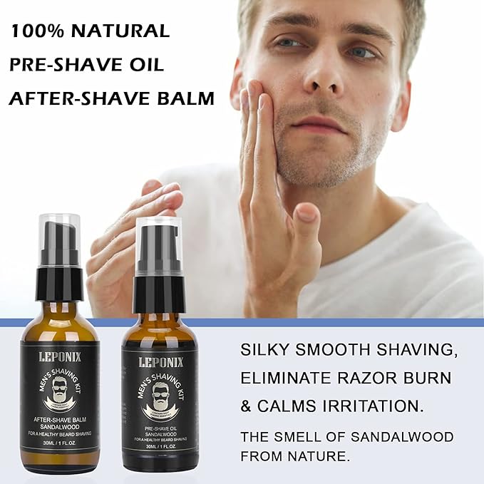 LEPONIX Men's Shaving Kit Gift Set- Sandalwood Shaving Cream, After Shave Lotion & Pre Shave Oil - Fights Razor Burn, Nicks & Cuts - Luxury Grooming Essentials for Men, Husband - Stocking Stuffers