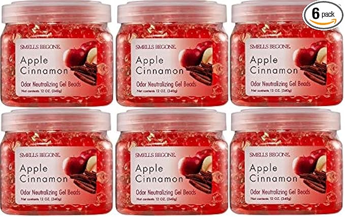 SMELLS BEGONE Odor Eliminator Gel Beads - 12 oz, Pack of 6 - Eliminates Odor in Bathrooms, Cars, Boats, RVs & Pet Areas - Air Freshener - Made with Essential Oils - Apple Cinnamon Scent