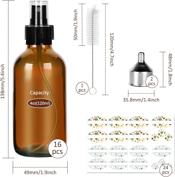 CycleMore 120ml 16Pcs 4oz Amber Glass Spray Bottles with Fine Mist Sprayers, Glass Travel Bottles for Cosmetic Essential Oils Cleaning Solutions Perfumes & More Liquids Ideal for Mother & Friends