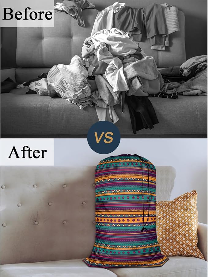 Swono Mexican Texture Heavy Duty Laundry Drawstring Bag with Strap, Indian Style Hand Drawn Abstract Backdrop 28 x 40 Inches Travel Dirty Clothes Bag for Laundromat and Household