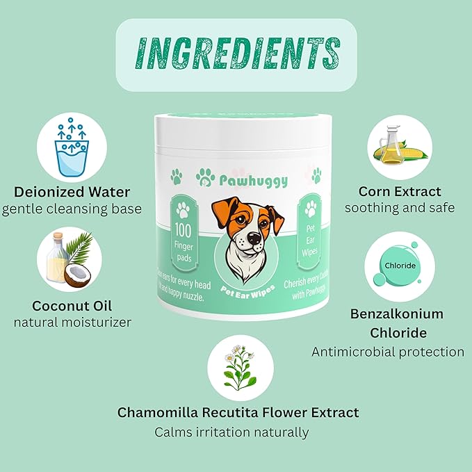 100 Finger Wipes for Pet Lovers - Pet Ear Wipes for Dogs & Cats - Ear Cleaner & Dog Ear Infection Treatment - Cleans Ears, Reduces Itching & Odor, Removes Wax, Relieves Irritation
