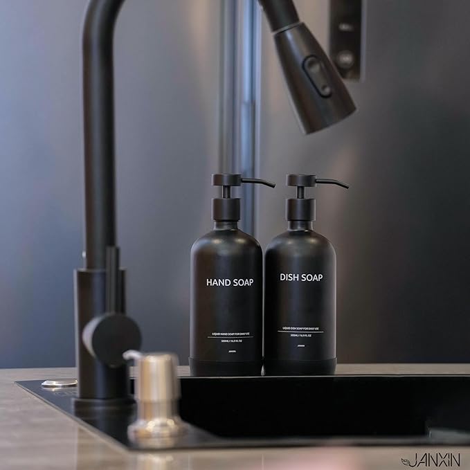 Kitchen Soap Dispenser Set with Non-Slip Protective Silicone Pad,Hand Soap Dispenser for Kitchen and Bathroom Decor, Black Kitchen Accessories (Black Bottles +Black Pumps)