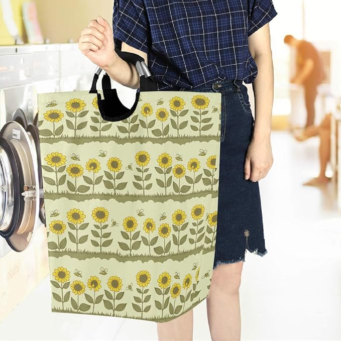visesunny Retro Sunflower Floral Large Laundry Hamper with Handle Foldable Laundry Basket Toys and Clothing Organization for Bathroom, Bedroom, Home, Dorm, Travel
