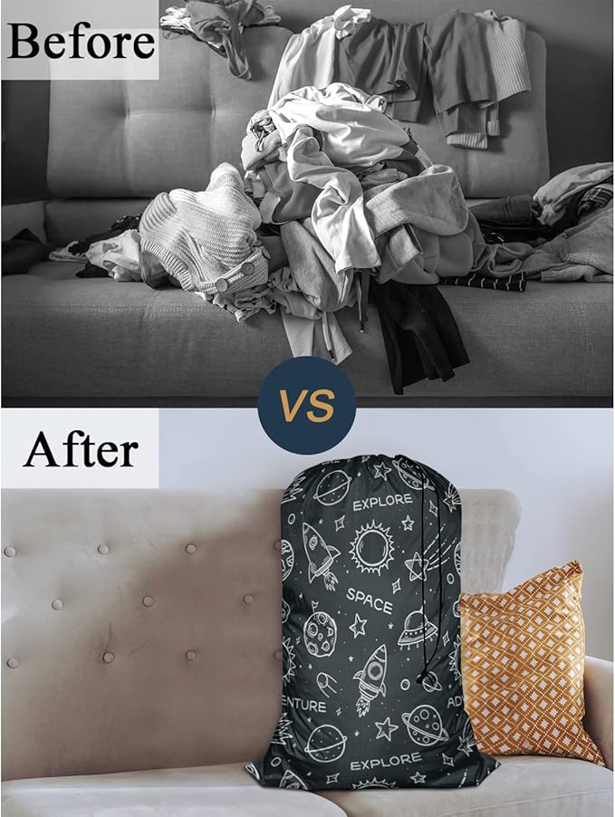 Swono Space Elements Laundry Bag with Strap Large Dirty Clothes Organizer Sketch Stars Rocket Planets Sun Universe Cosmos Explore Easy Fit Laundry Hamper Basket, Carry Up to 4 Loads of Laundry, Galaxy