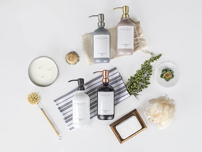 Emerson Soap Dispenser, Dish Soap Dispenser for Kitchen - Soap Dispenser Bathroom Set, Hand Soap Dispenser, Kitchen Soap Dispenser Set, Glass Soap Dispenser with Pump and Labels, 16 Oz, 2 Pack