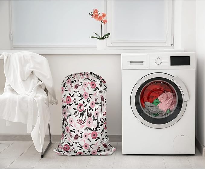 Swono Watercolor Sketch Poppy Large Laundry Bag Washable Large Dirty Clothes, Leaf Repeating Pattern Drawstring Organizer Bag, Fit Hamper Basket Camp Travel Home Dorm, Pink Black