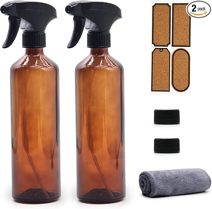 OFFIDIX Glass Spray Bottles for Cleaning,16 OZ 2 Pack Continuous Empty Water Mister Spray Bottles for Hair,Plants Mister,Adjustable Nozzle,Amber