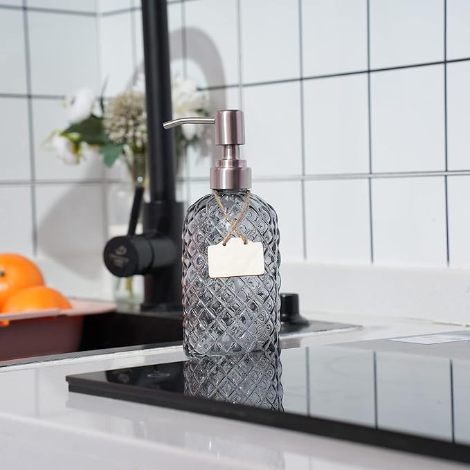 16 oz Diamond Pattern Glass Soap Dispenser, Kitchen and Bathroom Refillable Soap Dispenser with Rust Resistant Stainless Steel Pump for Hand Soap, Lotion Glass Liquid Dispenser(Grey-2pack)