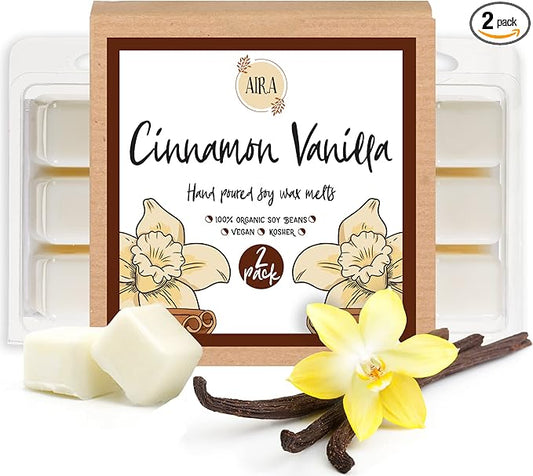 Aira Soy Wax Melt - Organic, Vegan, Kosher, Scented Soy Wax Cubes w/Essential Oil Blends - No Chemical 100% Soy Wax Melts for Tealight Melters - Hand-Poured Soy Tarts - Cinnamon Vanilla - 2 Pack