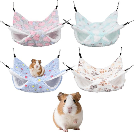 4 Pack Small Animal Hammock, 11.4x11.4 Inch Guinea Pig Rat Ferret Hanging Bed with Metal Hooks, Fleece Cage Accessories for Chinchilla Sugar Glider, 4 Colors